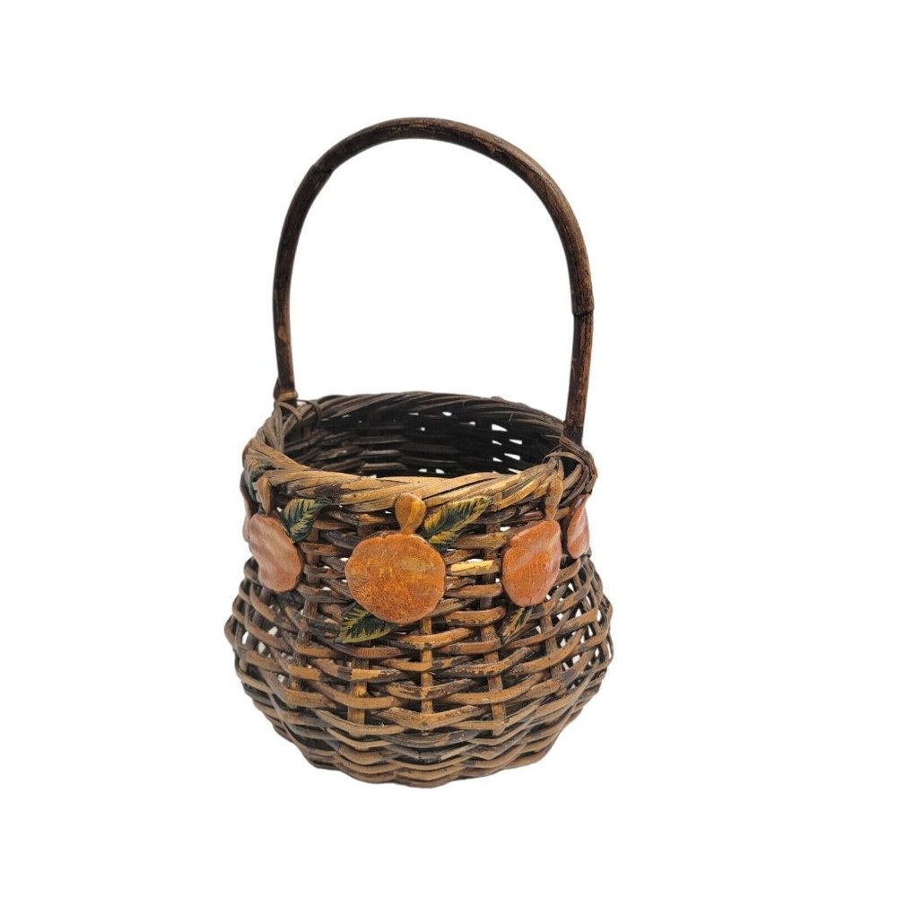 Vintage Hand Woven Fall Basket Pumkin Peach Orange Vine Leaves 14" Tall